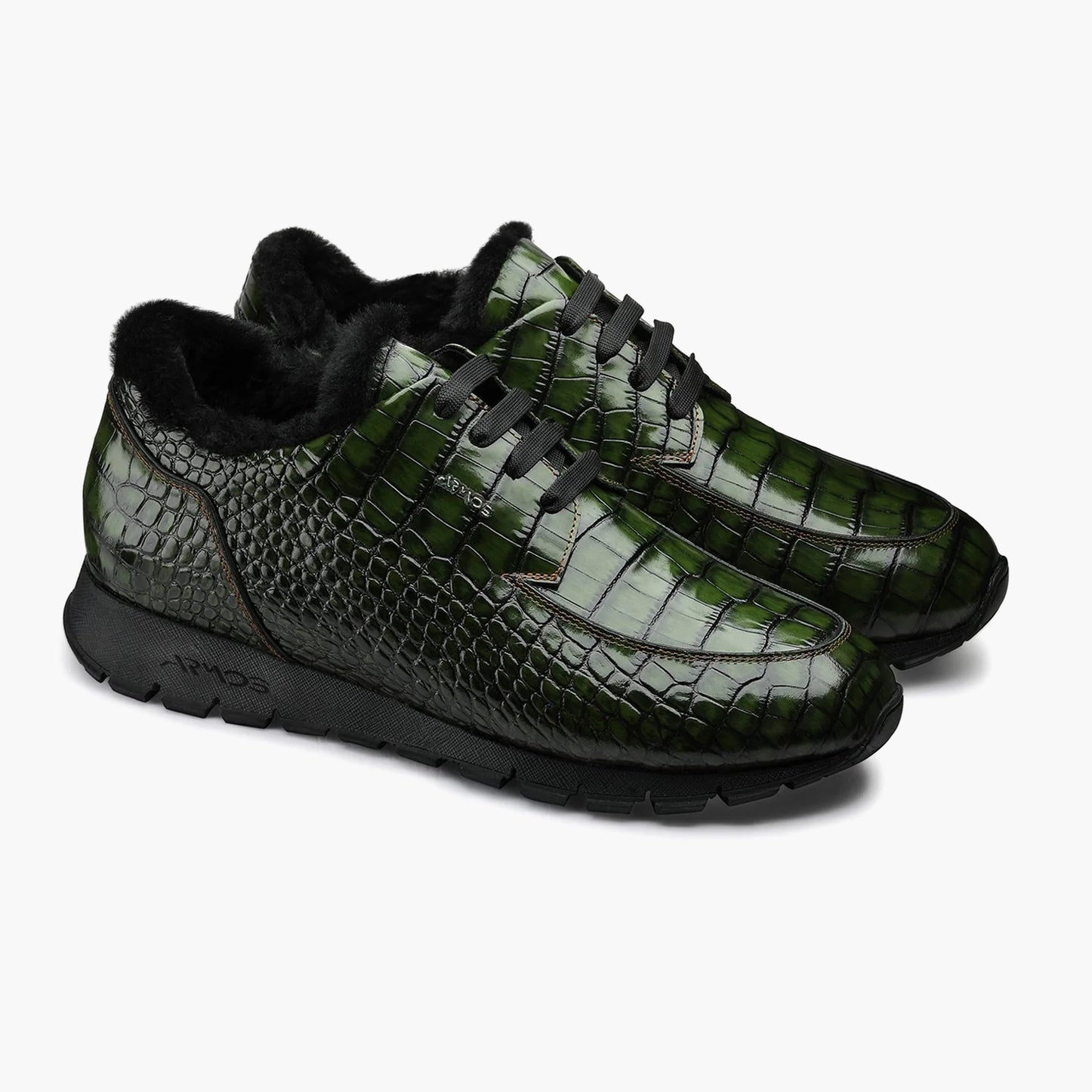 Men's Dark Green Glossy Croc-Print Sneaker