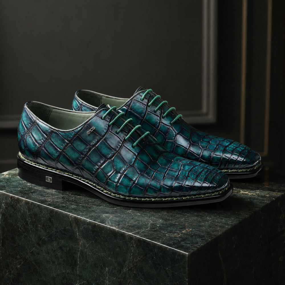 ARMOS Green Crocodile Leather Oxford with Blake Construction