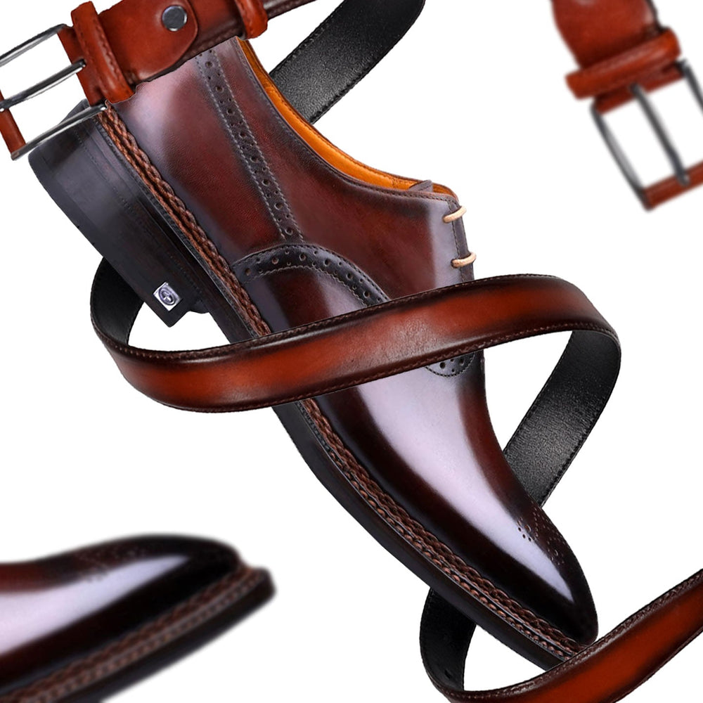 Men’s brown patina leather dress shoe with matching leather belts