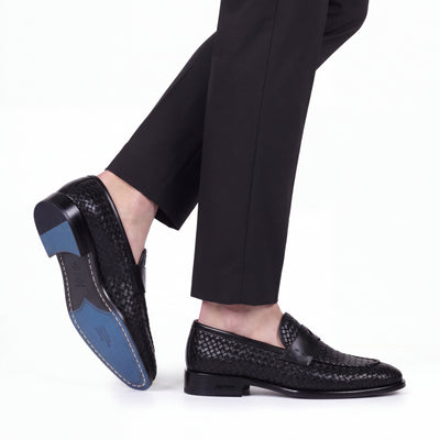 Men's Black Woven Leather Penny Loafer - worn