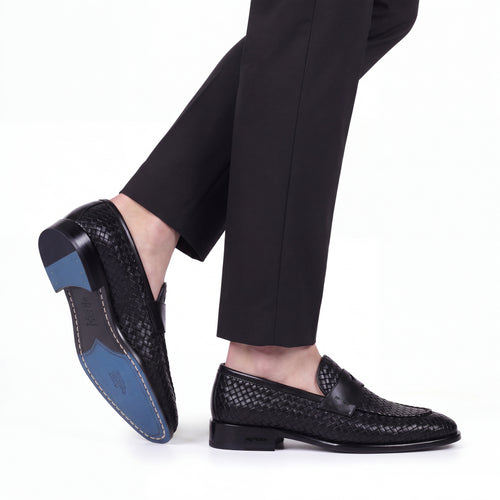 Men's Black Woven Leather Penny Loafer