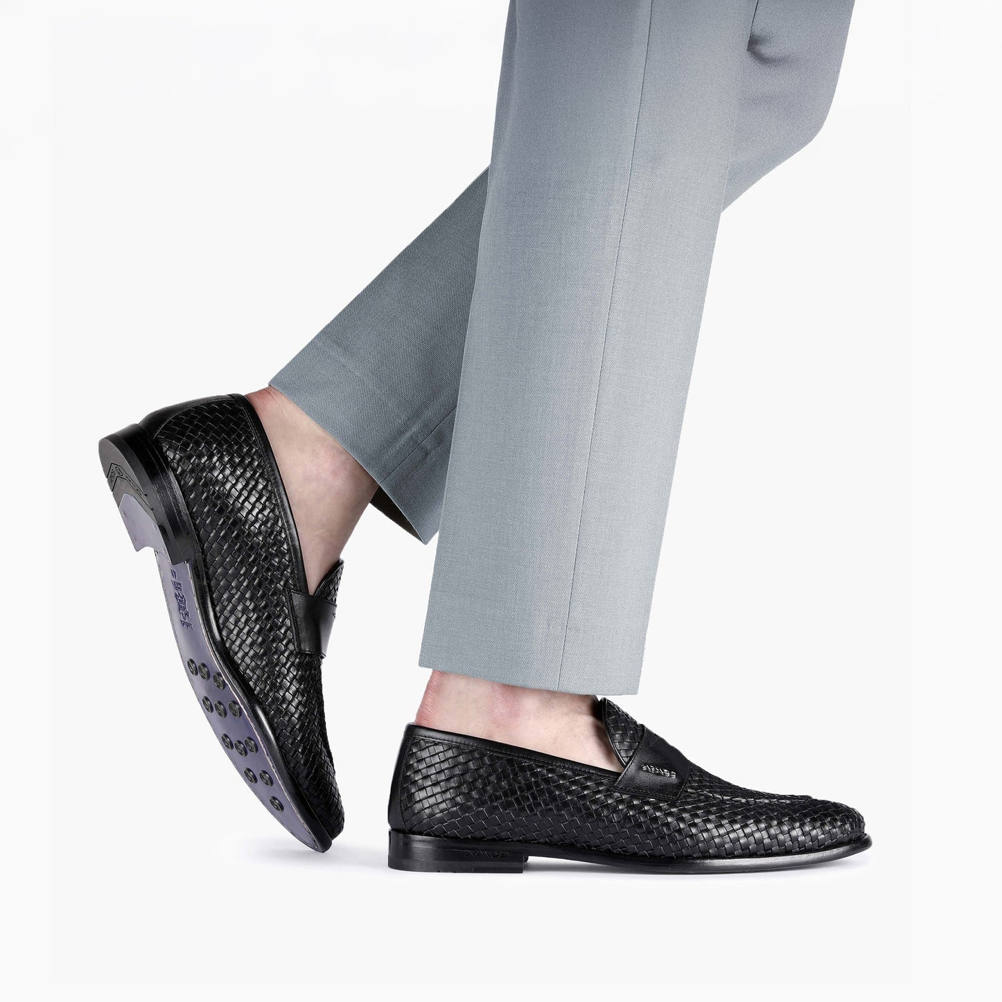 Men's Black Woven Leather Penny Loafer