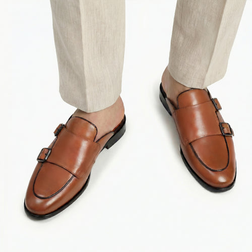 Men's Brown Leather Double Monk Strap Mule