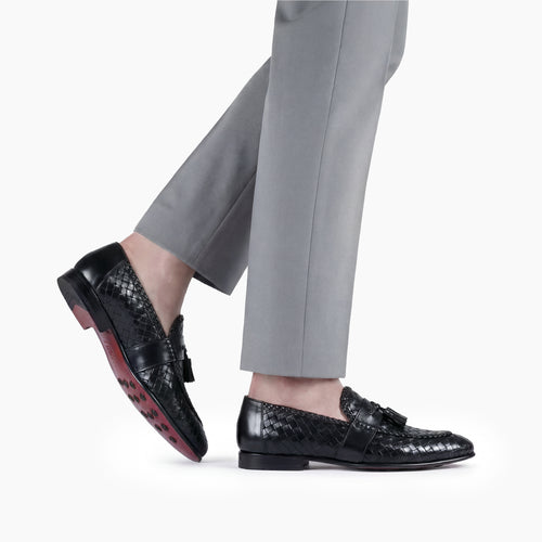 Men’s Black Woven Leather Tassel Loafer