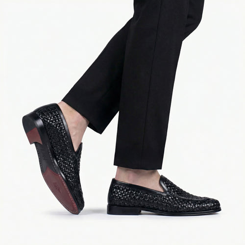 Men's Black Woven Leather Loafer