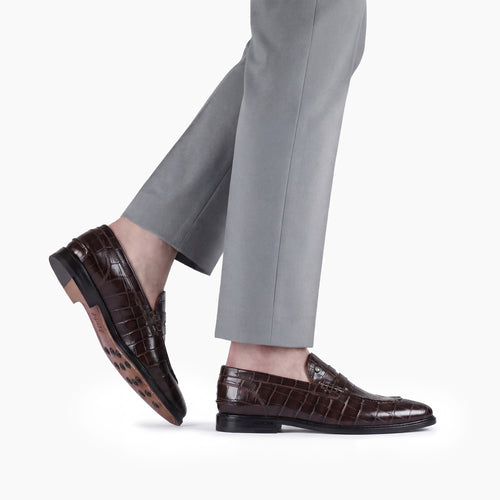 Men's Brown Croc-print Leather Loafer