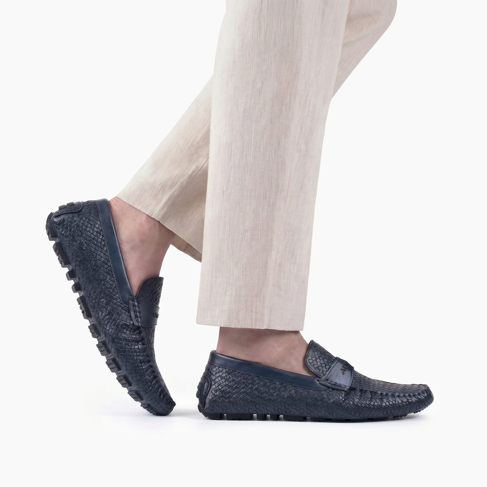 Men's Navy Blue Woven Leather Moccasin