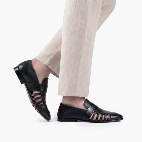 Men’s Black Leather Side-Strap Sandal  - worn