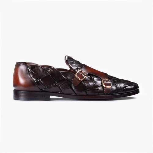 Handcrafted Men's Brown Woven Patina Double Monk Strap | Size 9 | ARMOS | 2-Year Warranty
