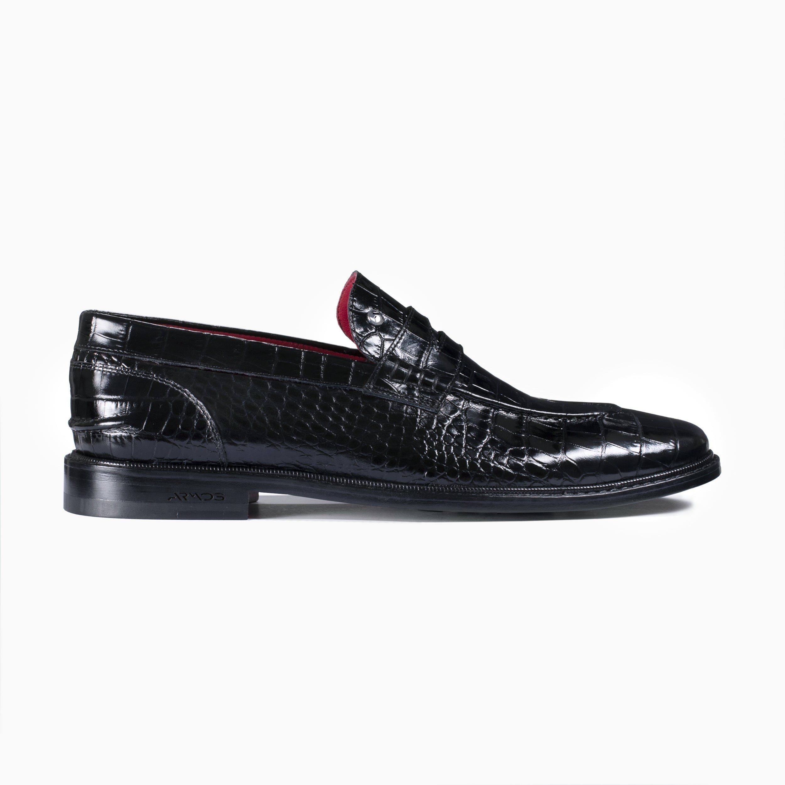 Men's Black Crocodile Embossed Leather Penny Loafers | ARMOS