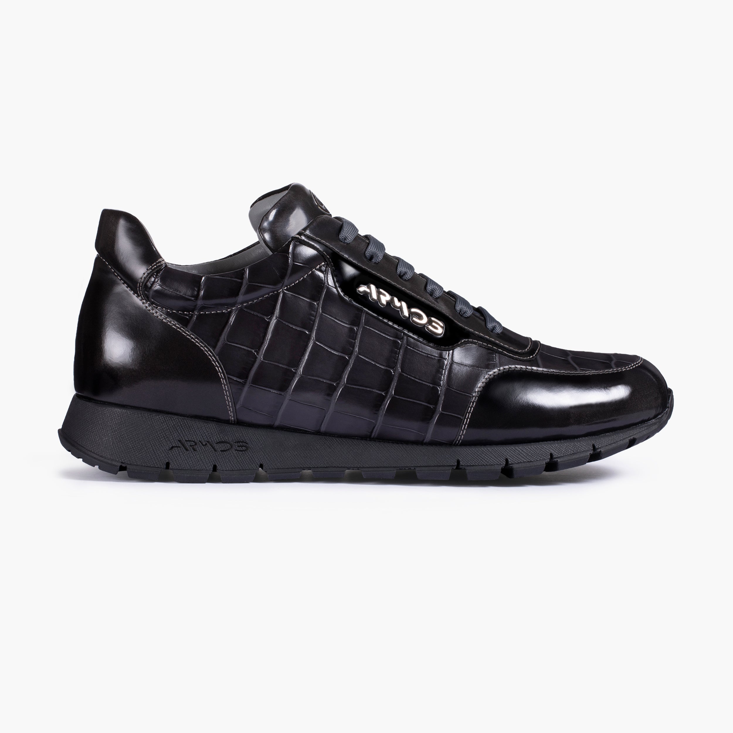 Men's Black Gloss Croc-Embossed Leather Sneakers with White