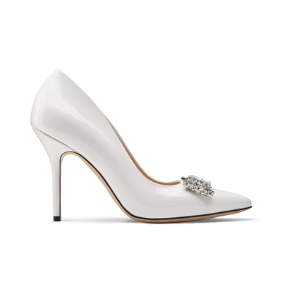 Women's White Patent Crystal Buckle Pump
