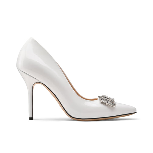 Women's White Patent Crystal Buckle Pump