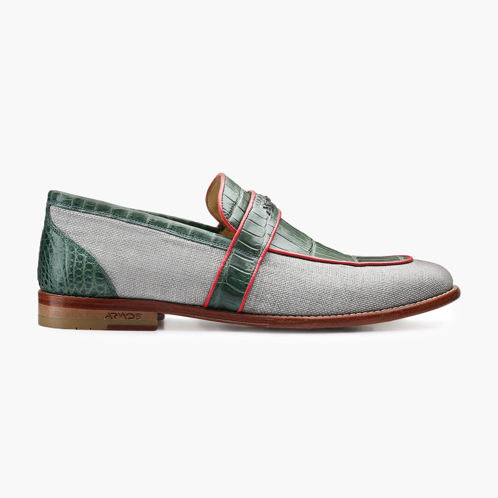 Men's Beige & Green Linen Crocodile Loafer