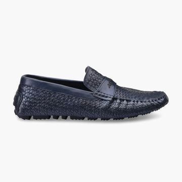 Men's Navy Blue Woven Leather Moccasin