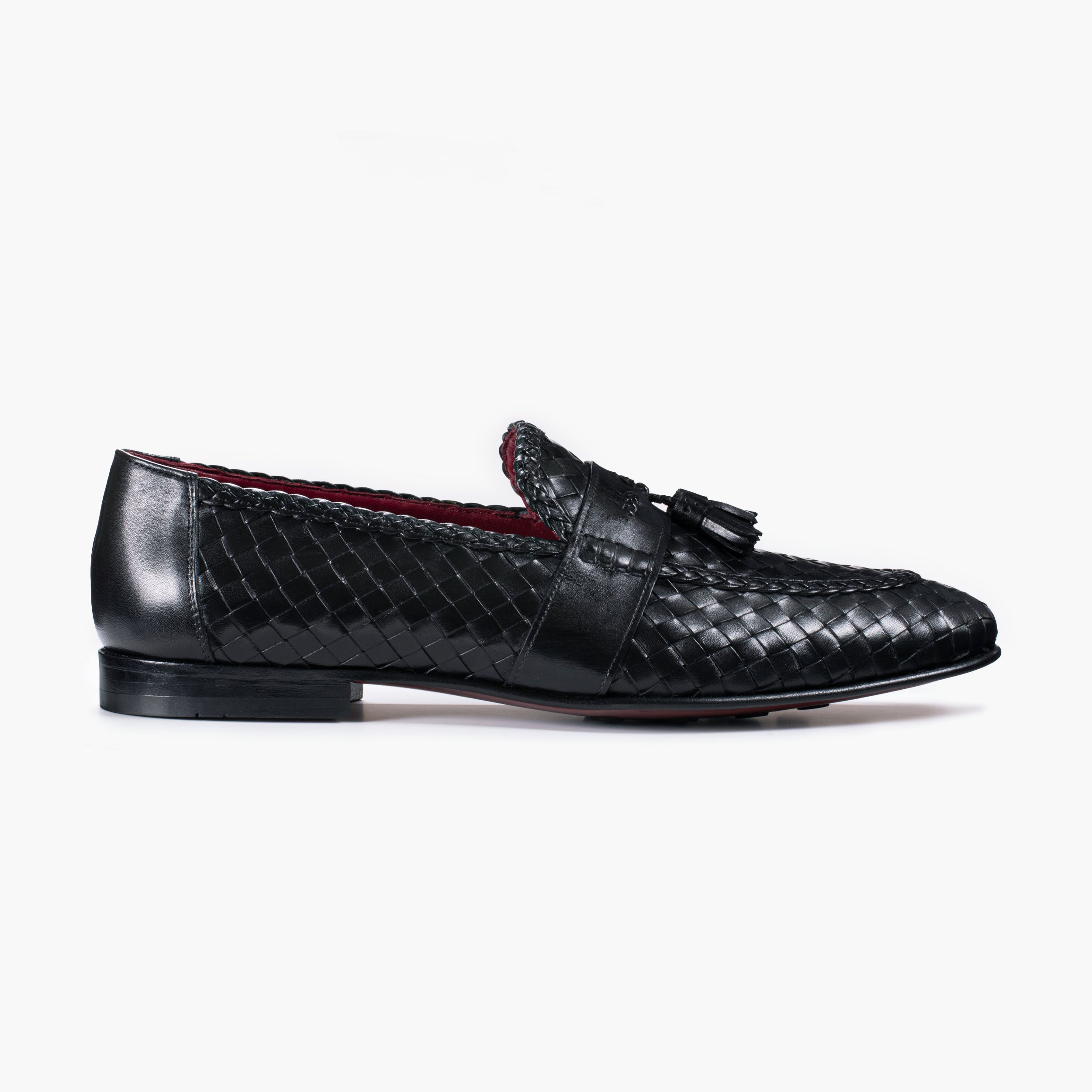 Handcrafted Men’s Black Woven Leather Tassel Loafer | Size 9 | ARMOS | 2-Year Warranty