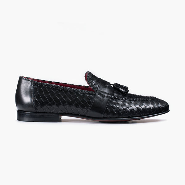 Men’s Black Woven Leather Tassel Loafer