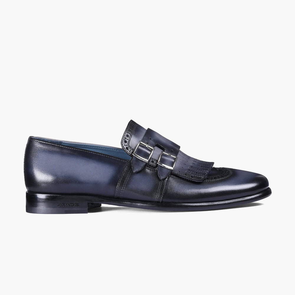 Men’s Gray Double Monk Shoes with Fringe
