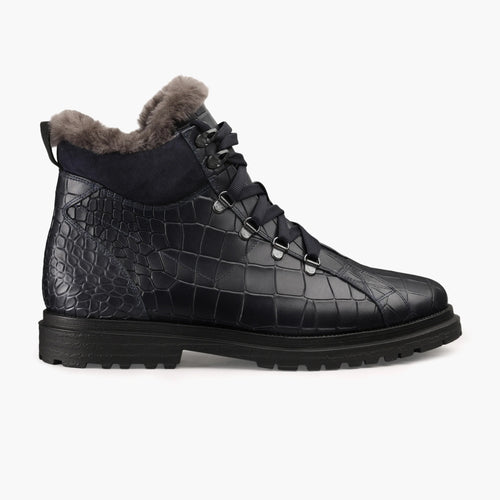 Men's Blue Croc-Print Boot with Fur Lining