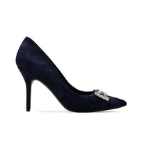 Women's Blue Suede Crystal Buckle Pump - right side