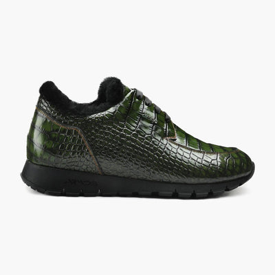 Men's Dark Green Glossy Croc-Print Sneaker