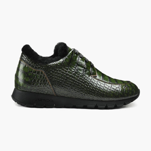 Men's Dark Green Glossy Croc-Print Sneaker