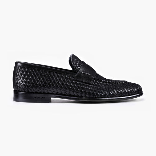 Men's Black Woven Leather Penny Loafer