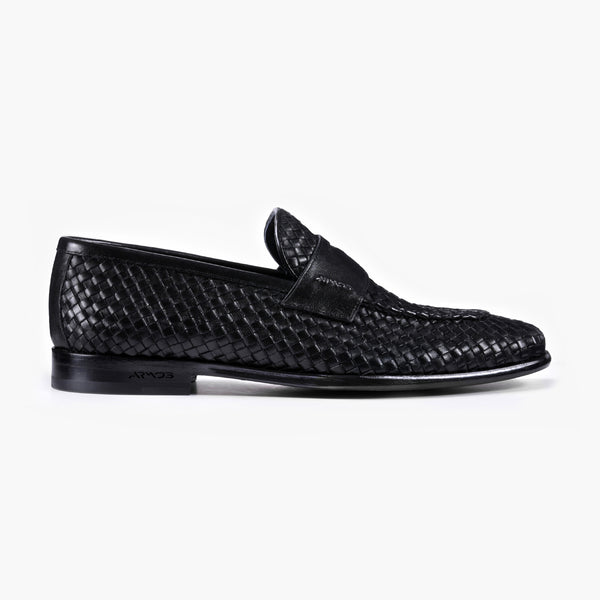 Men's Black Woven Leather Penny Loafer