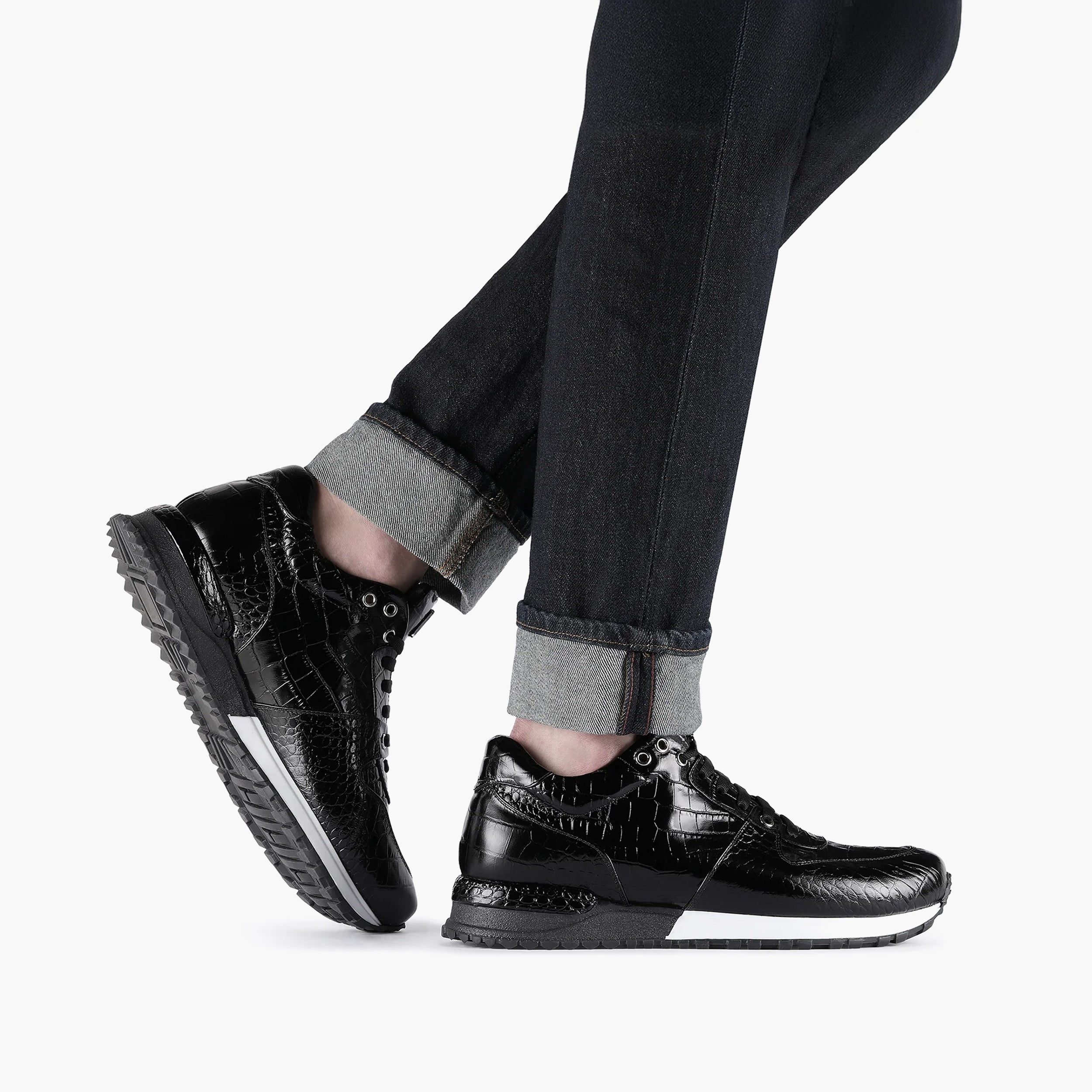 Men's Black Gloss Croc-Embossed Leather Sneakers with White