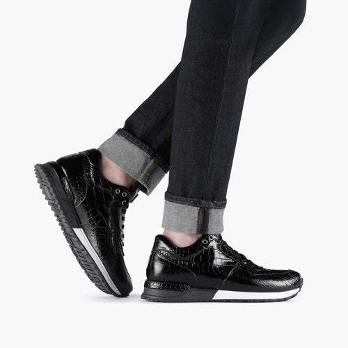 Men's Black Croc-Print Leather Sneaker