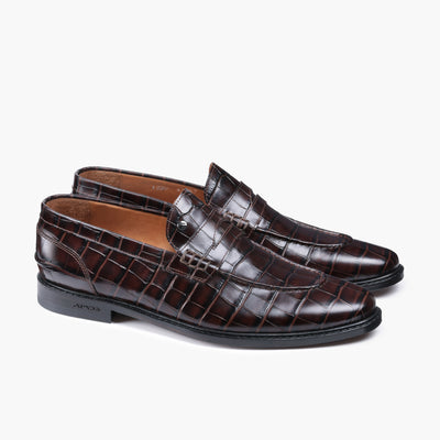 Men's Brown Crocodile-Embossed Penny Loafers