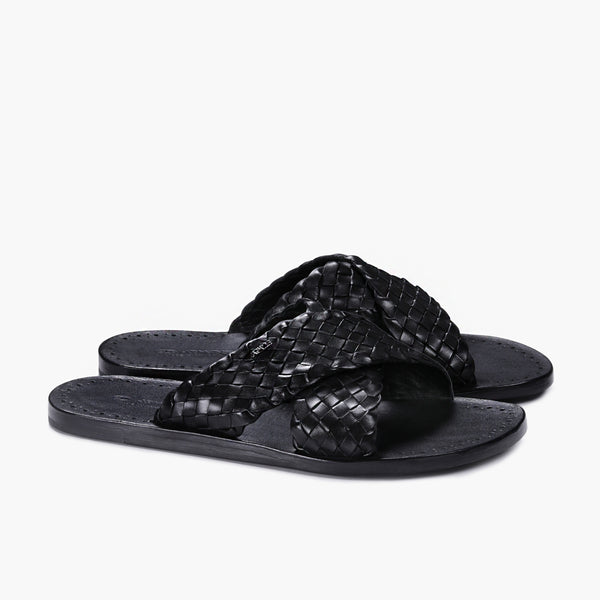 Men's Black Woven Cross-Strap Slide Sandal