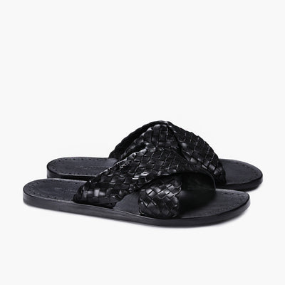 Men's Black Woven Cross-Strap Slide Sandal
