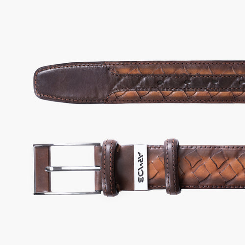 Woven brown patina leather belt