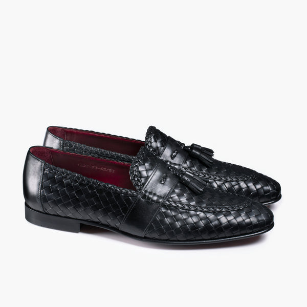 Men’s Black Woven Leather Tassel Loafer