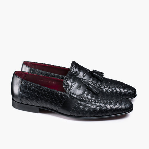 Men’s Black Woven Leather Tassel Loafer