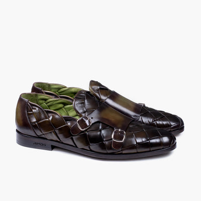 Men's Green Woven Double Monk Strap
