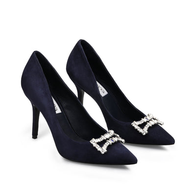 Women's Blue Suede Crystal Buckle Pump