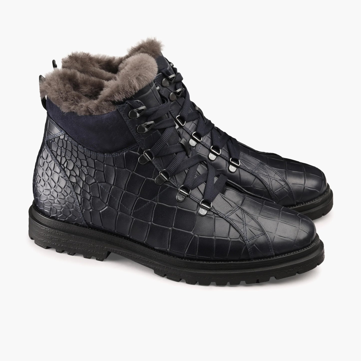 Men's Blue Croc-Print Boot with Fur Lining