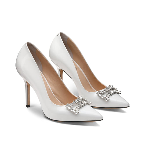 Women's White Patent Crystal Buckle Pump