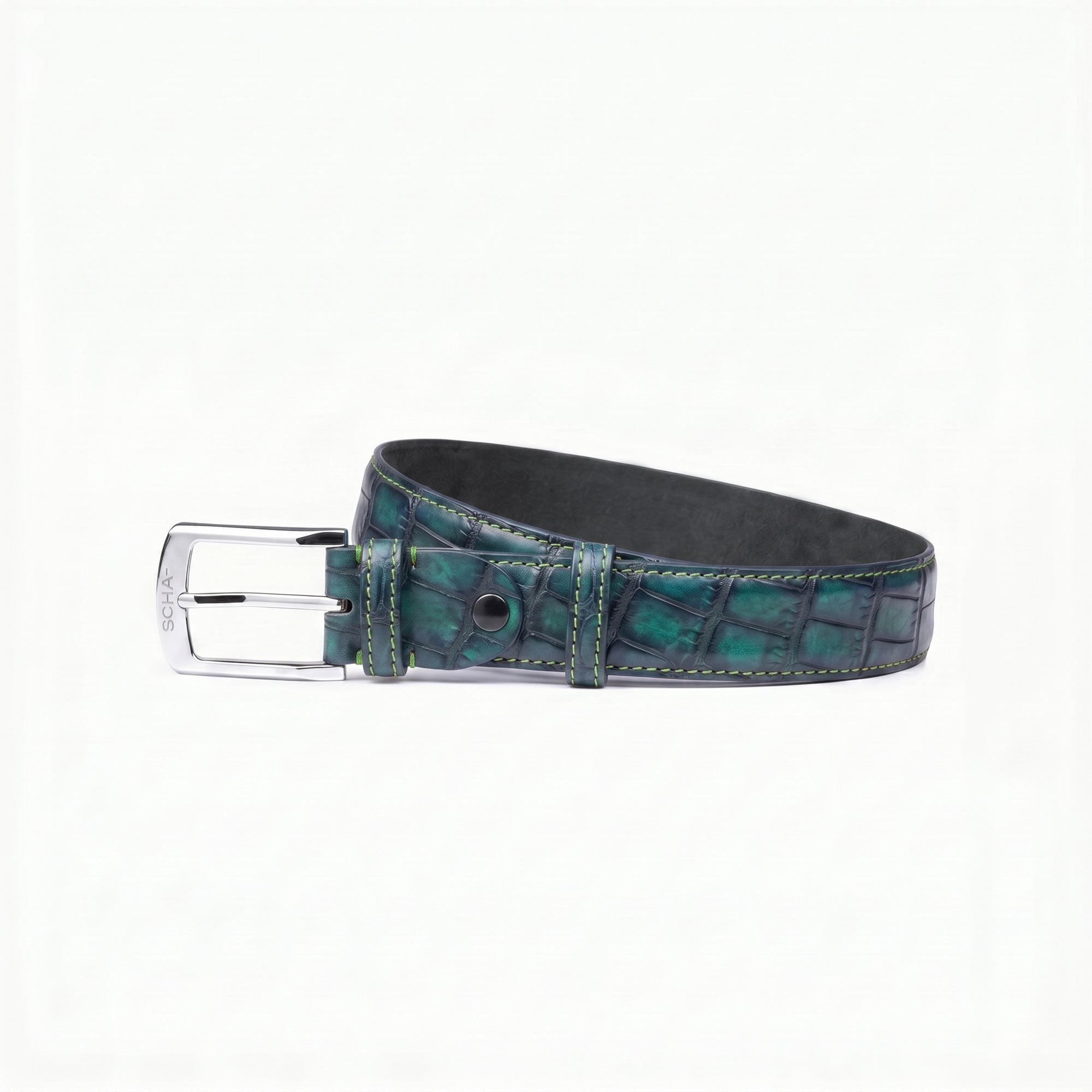 Men’s Green Patina Crocodile Leather Belt - coiled