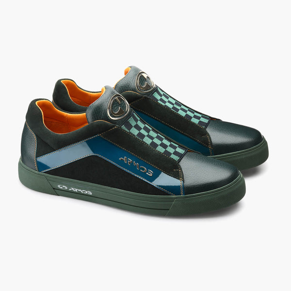 Men's Green Chess Pattern Leather Sneaker