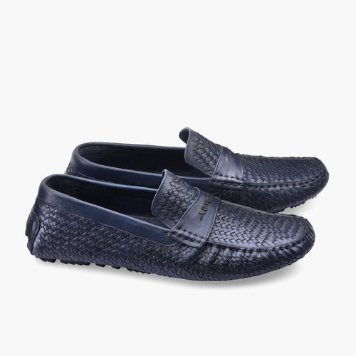 Men's Dark Blue Woven Leather Moccasin