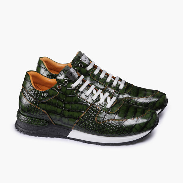 Men's Green Croc-Print Leather Sneaker