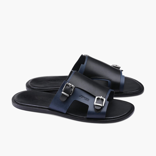 Men's Black & Blue Leather Slide Sandal