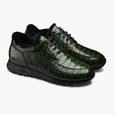 Men's Dark Green Glossy Croc-Print Sneaker
