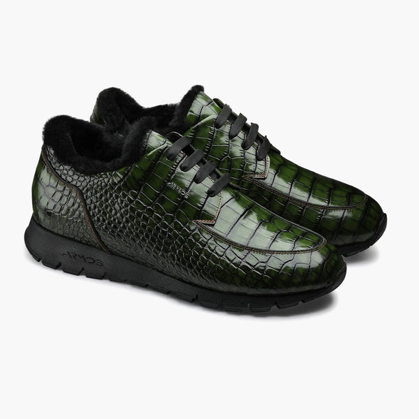 Men's Dark Green Glossy Croc-Print Sneaker