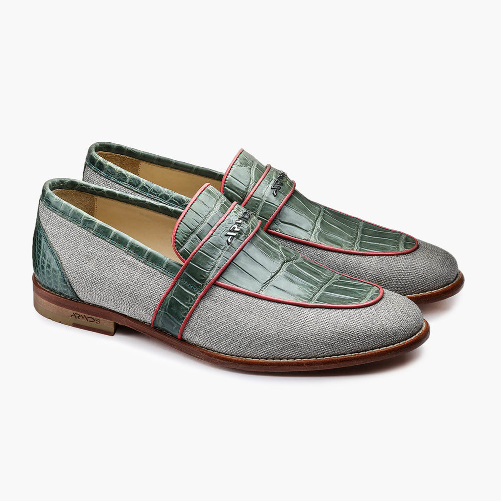 Men's Beige & Green Linen Crocodile Loafer