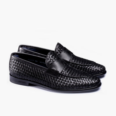 Men's Black Woven Leather Penny Loafer