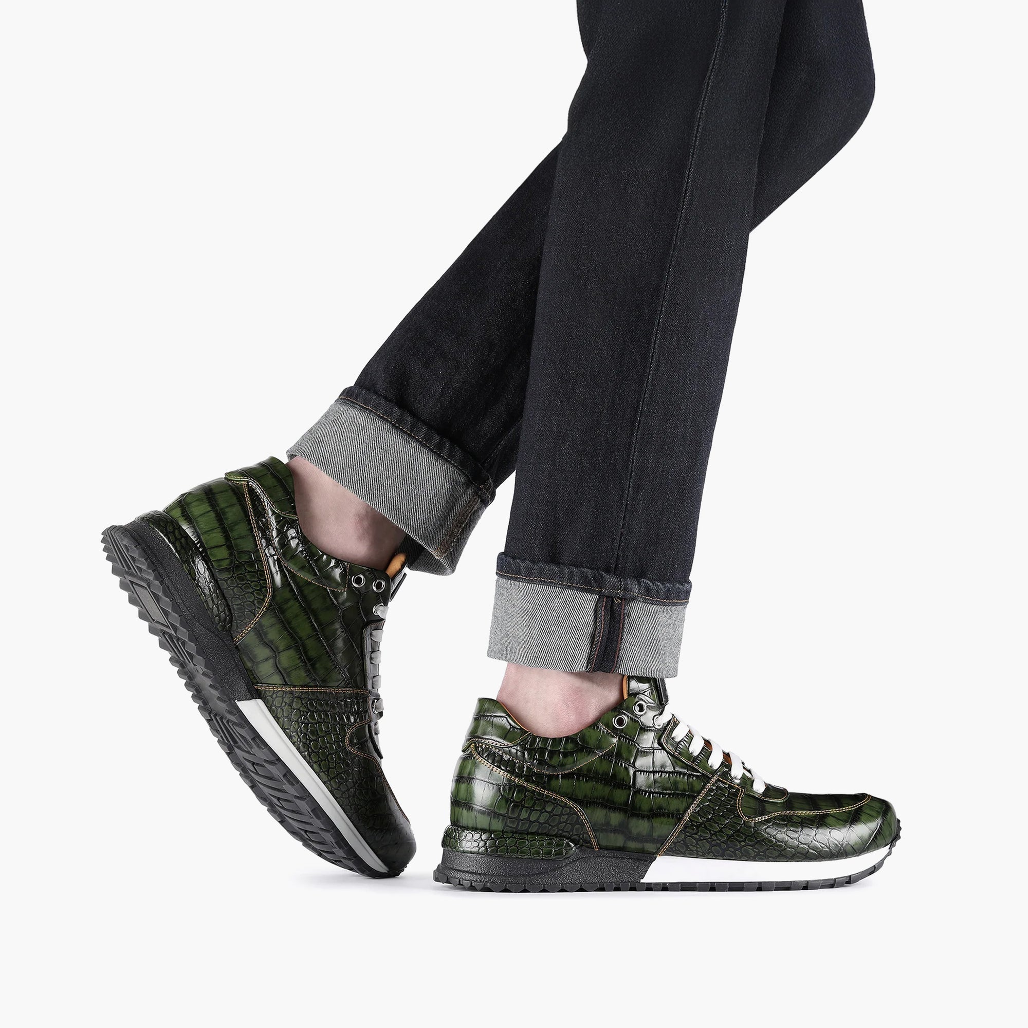 Men's Green Croc-Print Leather Sneaker